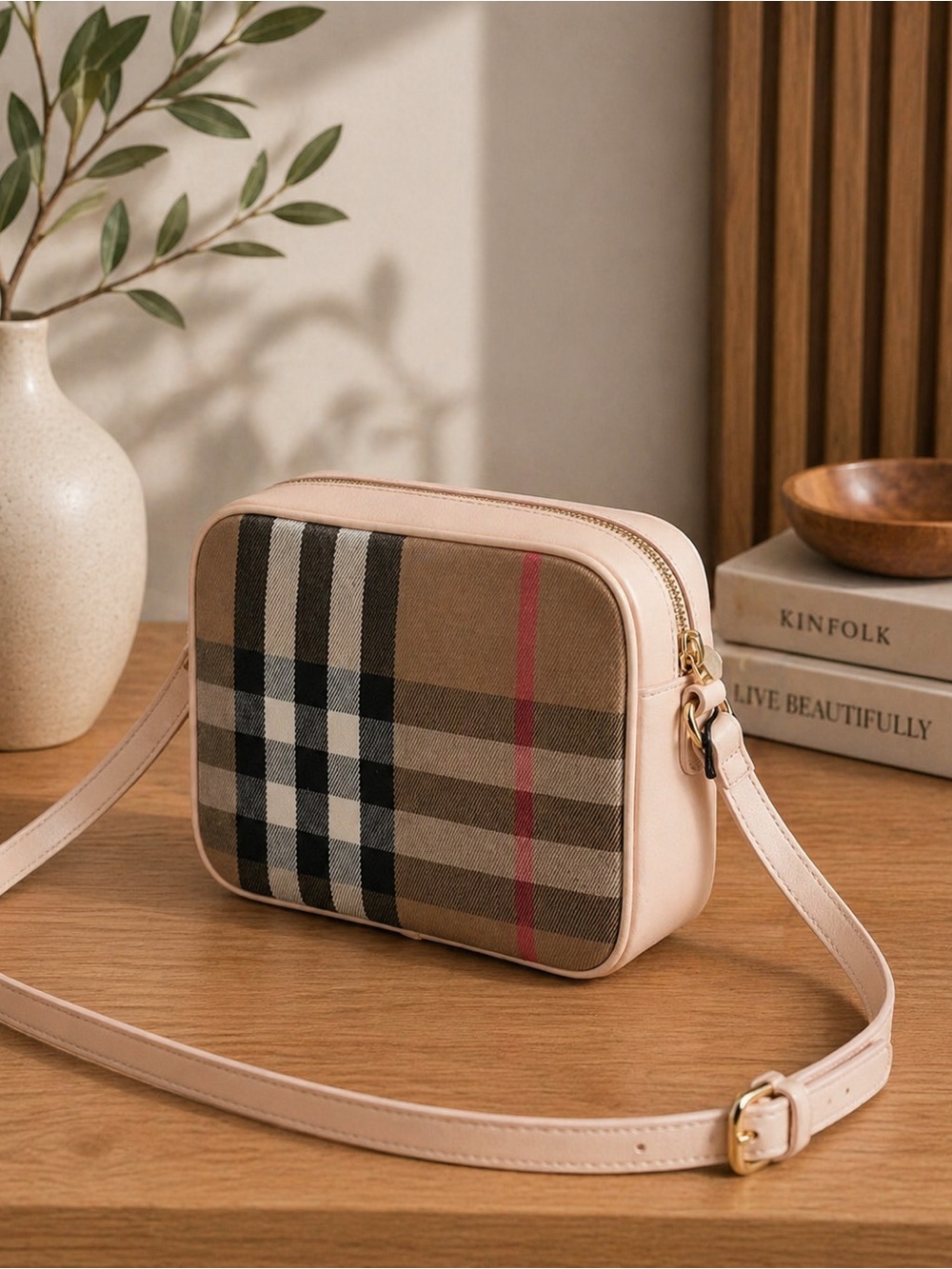 Burberry Calfskin House Check Small Camera Crossbody Bag Pale Cameo